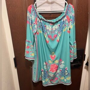 Flying Tomato Teal Floral Mini Dress/Tunic Shirt Size Large Nordstrom